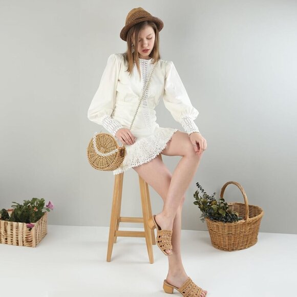 Luxury 8" Boho Straw Tote with Secure Drawstring - Pearl Handle Design - Picture 8 of 8